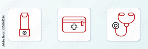 Set line Stethoscope, Inhaler and First aid kit icon. Vector
