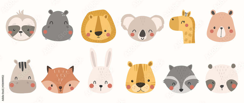 Set of cute animal vector. Lovely and friendly wild life with raccoon, panda, hippo, rabbit in doodle pattern. Adorable funny animal and many characters hand drawn collection on white background. Set of cute animal vector. Lovely and friendly wild life with raccoon, panda, hippo, rabbit in doodle pattern. Adorable funny animal and many characters hand drawn collection on white background.