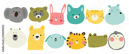 Set of cute animal vector. Lovely and friendly wild life with alpaca, rabbit, penguin, tiger in doodle pattern. Adorable funny animal and many characters hand drawn collection on white background.