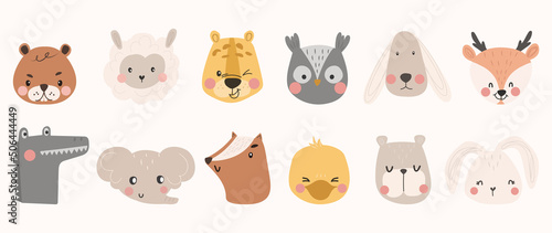 Fototapeta Naklejka Na Ścianę i Meble -  Set of cute animal vector. Lovely and friendly wild life with elephant, deer, rabbit, tiger in doodle pattern. Adorable funny animal and many characters hand drawn collection on white background.
