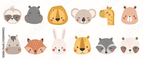 Set of cute animal vector. Lovely and friendly wild life with raccoon, panda, hippo, rabbit in doodle pattern. Adorable funny animal and many characters hand drawn collection on white background.