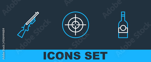 Set line Bottle of vodka, Shotgun and Target sport icon. Vector