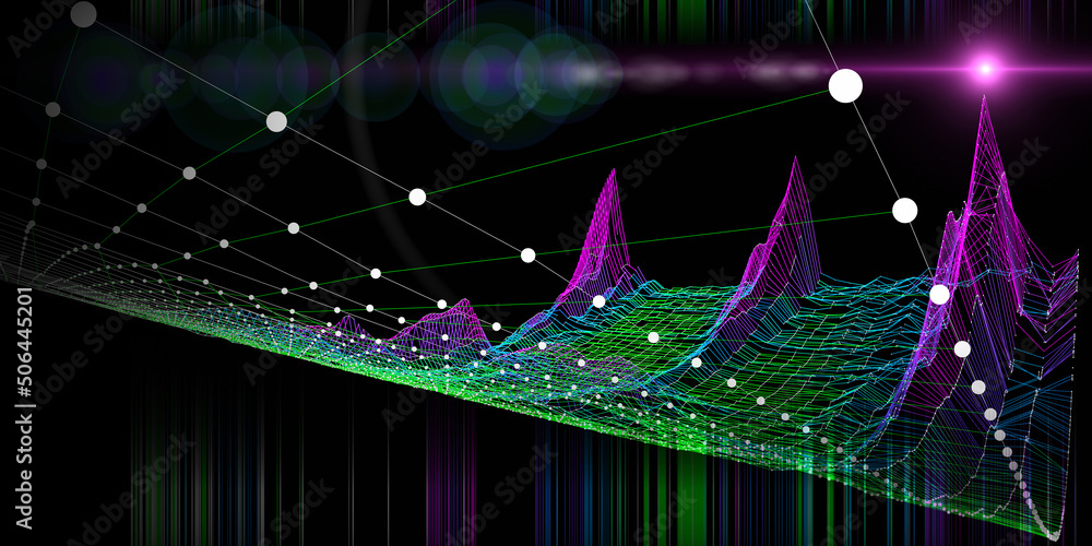 Abstract background with bending color grid on black. Visual presentation of analytics 3d algorithms. Big data. Banner for business, science and technology data analytics representation. Abstract background with bending color grid on black. Visual presentation of analytics 3d algorithms. Big data. Banner for business, science and technology data analytics representation.