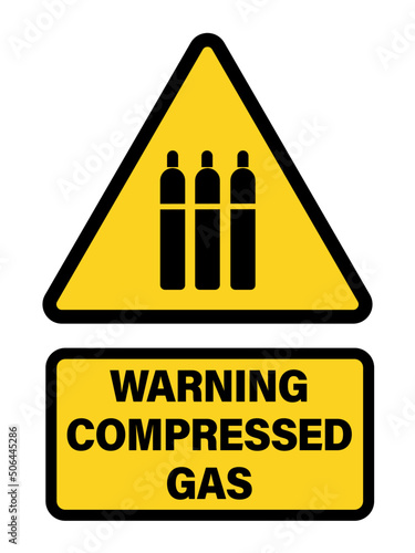 Warning compressed gas, yellow triangle shape sign with gas cylinders silhouette and text below.