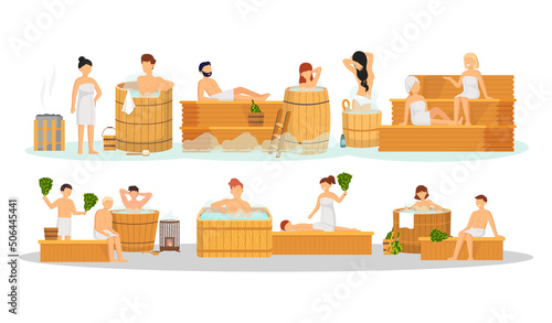Sauna and steam room. Set of people in sauna. People relax and steam with birch brooms in traditional russian stove for female and male. Finnish bathhouse. Public sauna, Friends in spa resort