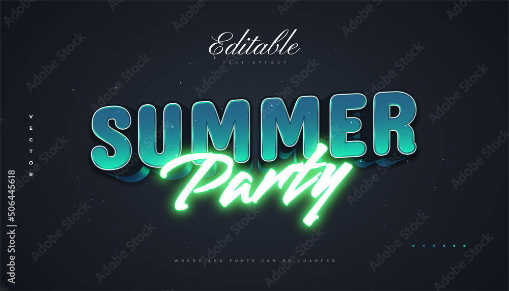 Summer Party Text with Retro Style and Neon Effect. Editable Text Style Effect