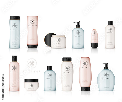 Realistic cosmetic bottles on white background. Cosmetic cream containers and tubes for cream, lotion, shampoo, gel, balsam, conditioner, spray. 3d Vector Illustration