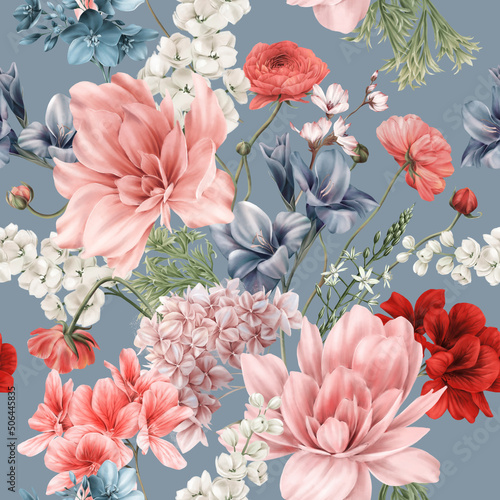 Seamless floral pattern with flowers on summer background, watercolor illustr...