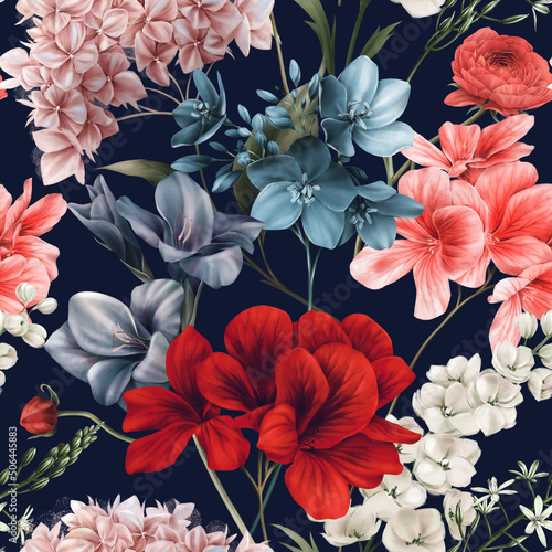 Seamless floral pattern with flowers on summer background, watercolor illustr...