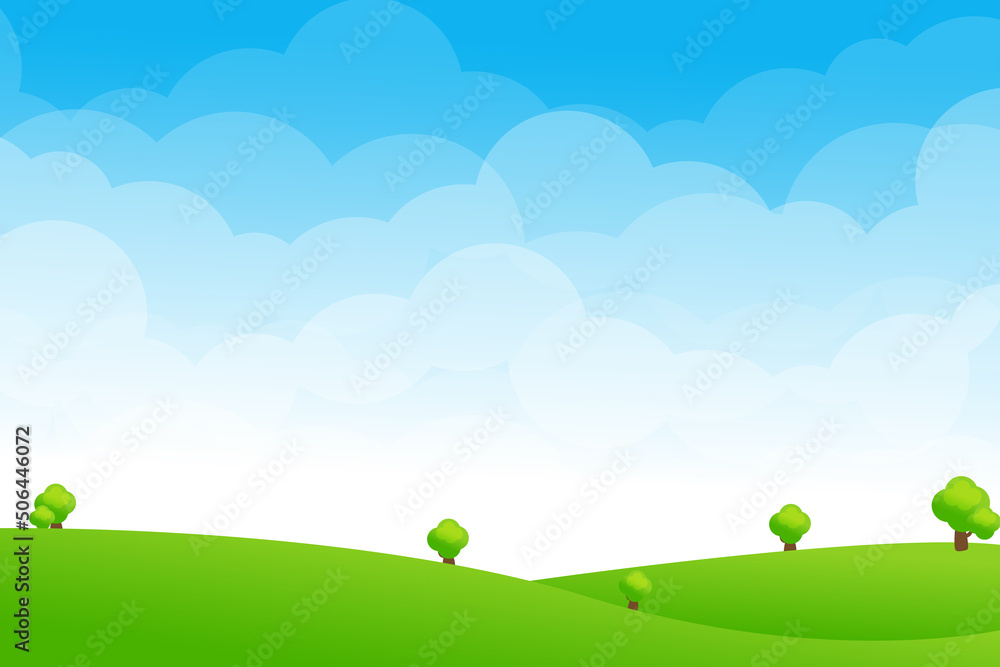 Scenic landscape of green field meadow against cloud and blue sky 001