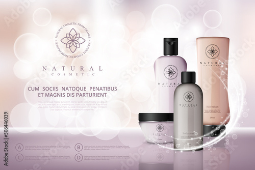 Vector cosmetic illustration for the promotion of cosmetic products on light bokeh background. Cosmetic cream containers and tubes for cream, lotion, shampoo, balsam, conditioner, spray