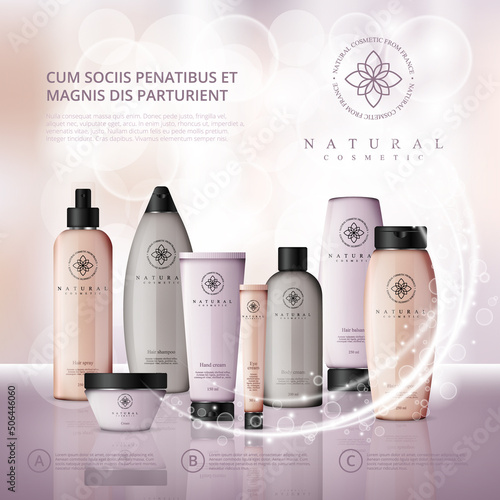 Vector cosmetic illustration for the promotion of cosmetic products on light bokeh background. Cosmetic cream containers and tubes for cream, lotion, shampoo, balsam, conditioner, spray