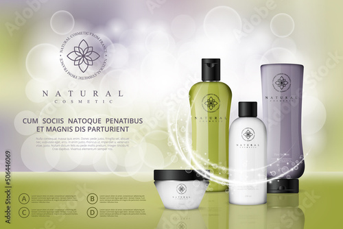 Vector cosmetic illustration for the promotion of cosmetic products on light bokeh background. Cosmetic cream containers and tubes for cream, lotion, shampoo, balsam, conditioner, spray