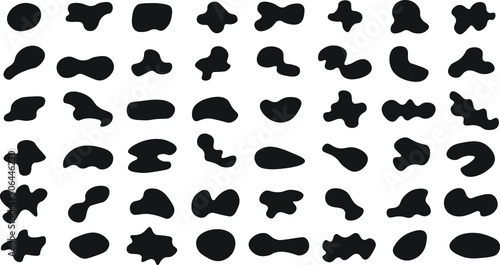 Abstract organic liquid shapes  black random blobs. Irregular bubble shape form   spot. Fluid geometric element . Black round blobs collection. Fluid dynamic forms. Rounded spot or speck of irregular 