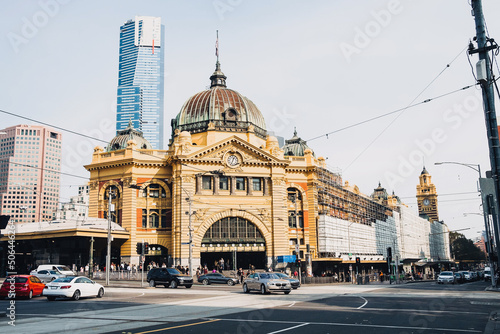 Flinders Street Station with city traffic. photo