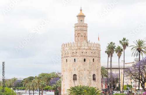 The tourist Torre del Oro in Seville  next to the Guadalquivir river  Andalusia  Spain 