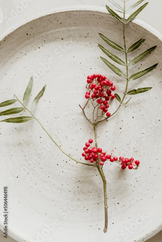 A sprig of pink peppercorn on a plate. photo