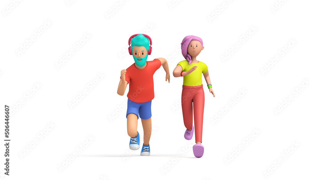 Man and woman running together. fitness training illustration. 3D Rendering - obrazy, fototapety, plakaty 