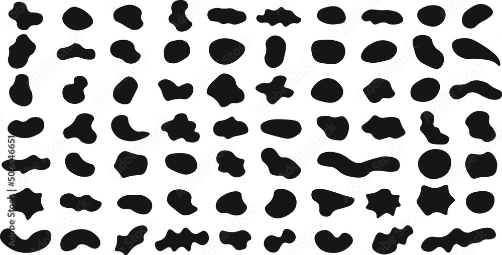Random black abstract shapes. Set of organic blobs of irregular shape. Simple blotch, inkblot Vector liquid shadows random shapes. Black cube drops simple shapes