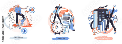 Personal quality concept creative metaphors set. Confidence, accountability and discipline, mental strength, psychological flexibility, decision making, leadership role, personal development