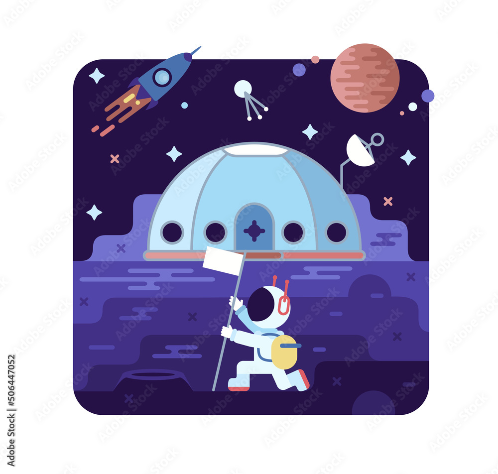 Vector cartoon illustration - astronaut hoisting the flag on the space station Vector cartoon illustration - astronaut hoisting the flag on the space station
