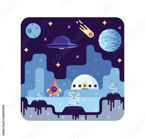Space research station - vector flat cartoon illustration with space rocket, ufo, planet and stars. 