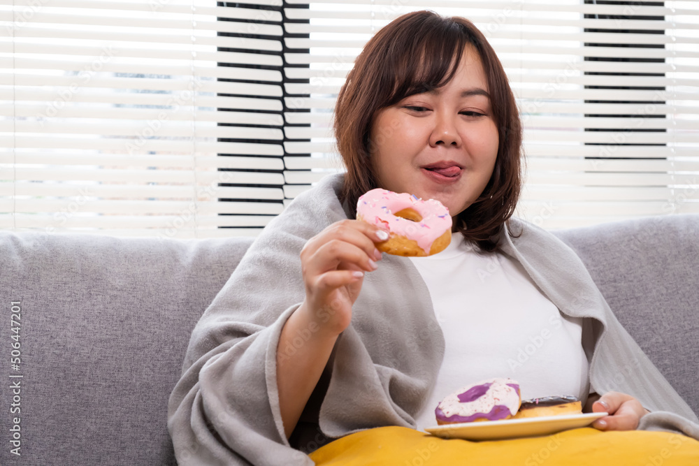 Young Asian oversize women gain weight while eating donut, bread and snack. Junk food that can cause obesity and unhealthy for human body. Young Asian oversize women gain weight while eating donut, bread and snack. Junk food that can cause obesity and unhealthy for human body.