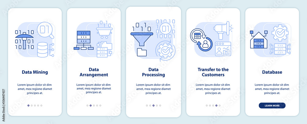 Collecting and processing data light blue onboarding mobile app screen. Walkthrough 5 steps graphic instructions pages with linear concepts. UI, UX, GUI template. Myriad Pro-Bold, Regular fonts used
