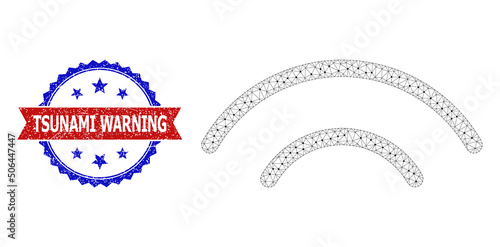 Polygonal broadcasting framework icon, and bicolor textured Tsunami Warning watermark. Mesh carcass illustration designed with broadcasting icon.