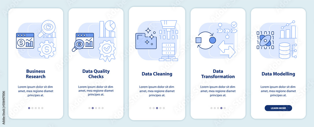 Data mining process light blue onboarding mobile app screen. Computing walkthrough 5 steps graphic instructions pages with linear concepts. UI, UX, GUI template. Myriad Pro-Bold, Regular fonts used