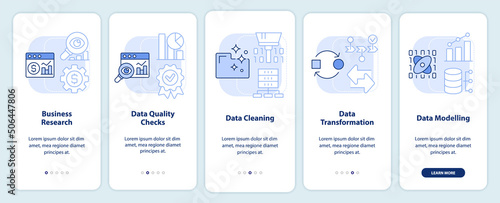 Data mining process light blue onboarding mobile app screen. Computing walkthrough 5 steps graphic instructions pages with linear concepts. UI, UX, GUI template. Myriad Pro-Bold, Regular fonts used