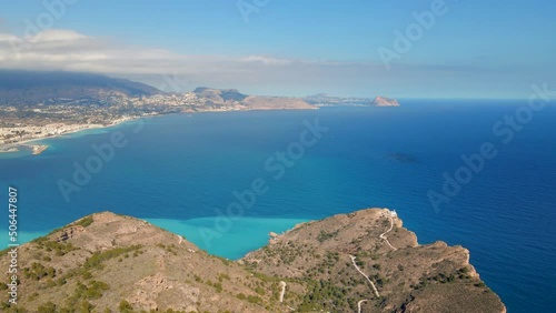 Aerial view of the Serra Gelada natural park with turquoise waters in the mediterranean sea. Alicante, Spain.