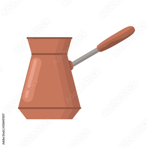 Coffee copper cezve with wooden handle in flat style. Vector image.