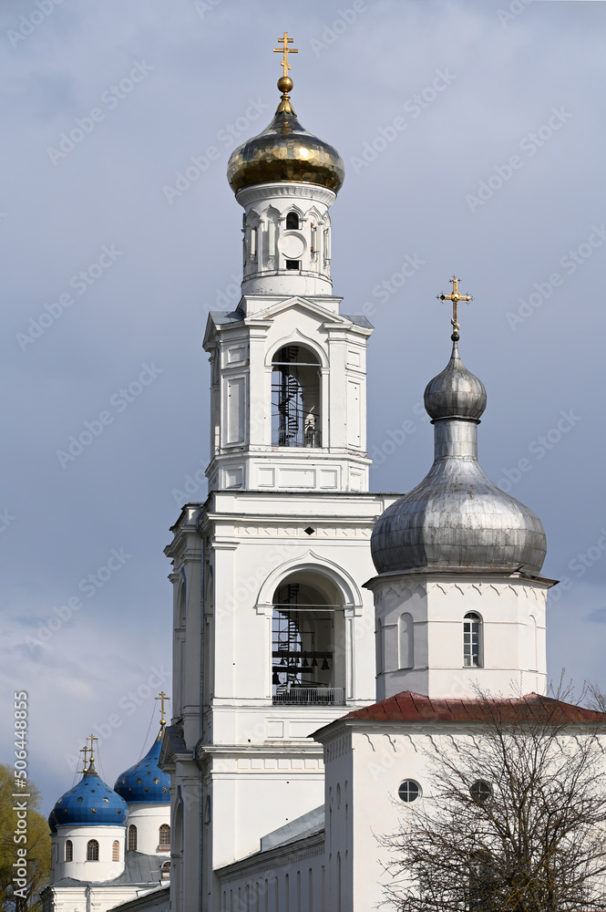 Bell tower of St. George (Yuriev) Monastery, Veliky Novgorod, Russia