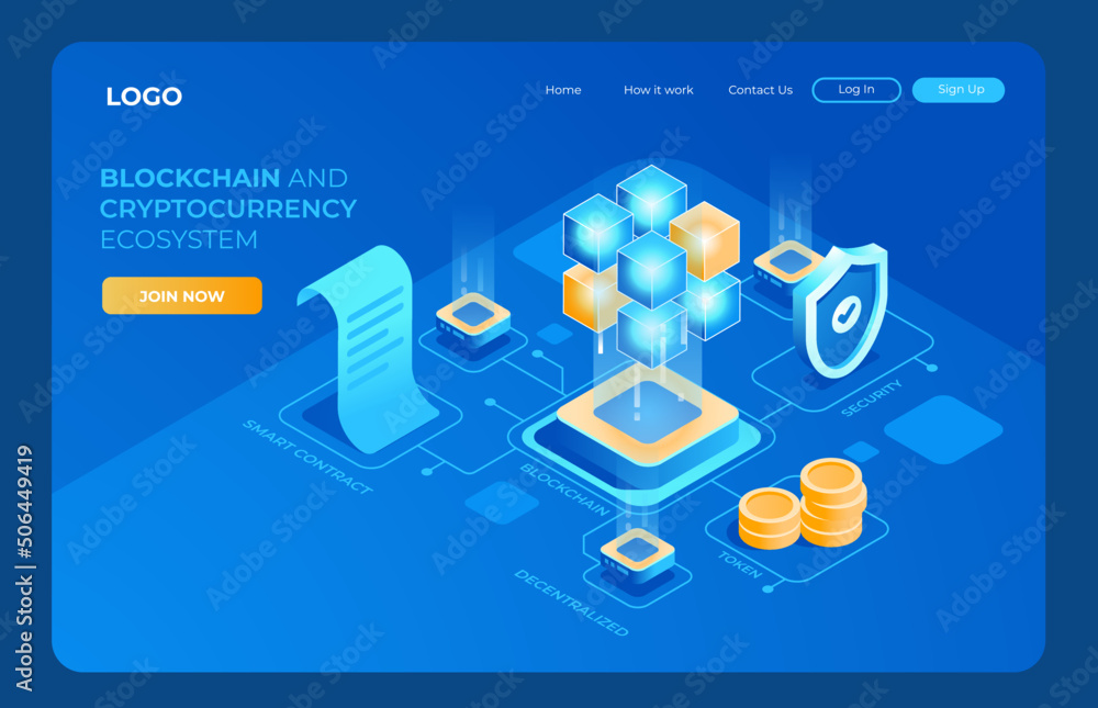 Blockchain and cryptocurrency ecosystem isometric illustration vector concept Blockchain and cryptocurrency ecosystem isometric illustration vector concept
