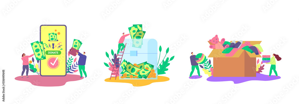 Cartoon Color Characters People and Different Donation Box Concept Flat Design Style. Vector illustration of Online Donate Service