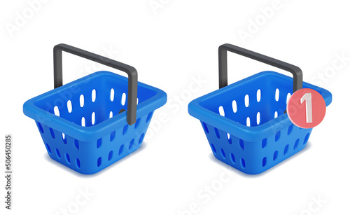 3d Different Blue Shopping Basket Set Plasticine Cartoon Style. Vector illustration of Baskets for Retail Supermarket