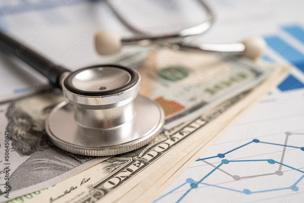 Stethoscope with US dollar banknotes on chart and graph paper, Finance, Account, Statistics, Investment, Analytic research data economy and Business company concept. Stethoscope with US dollar banknotes on chart and graph paper, Finance, Account, Statistics, Investment, Analytic research data economy and Business company concept.
