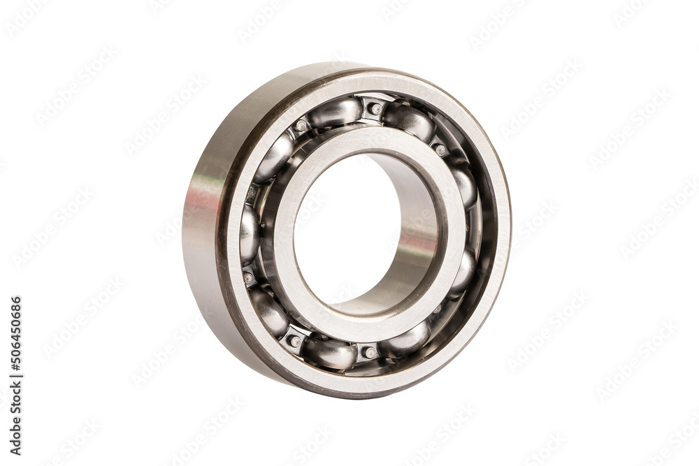 Ball bearing stainless metal roller for machine industrial, angular contact isolated on white background with clipping path. Ball bearing stainless metal roller for machine industrial, angular contact isolated on white background with clipping path.