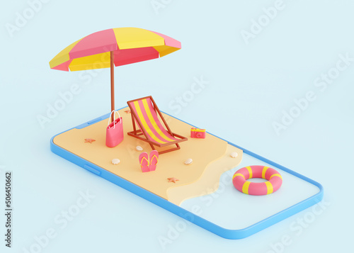 Summer beach vacation 3d render - cartoon scene of summer seaside vacation on sandy shore on smartphone screen.
