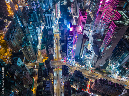 Top view of Hong Kong busy city street at night