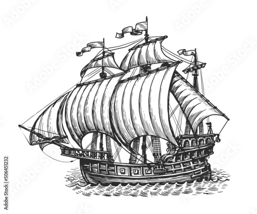 Sketch of sailing old ship. Nautical concept. Hand drawn vector illustration in vintage engraving style