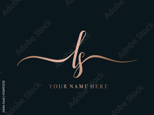 LS monogram logo.Calligraphic signature icon.Lowercase letter l, letter s.Lettering sign isolated on dark fund.Wedding, fashion, beauty alphabet initials.Handwritten style characters.