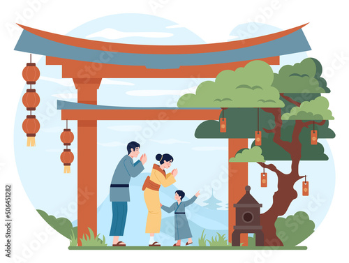Happy asian family enjoying traditional festivities. Characters wearing