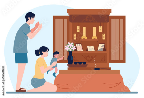 Happy asian family in a daily life. Traditional japanese interior,