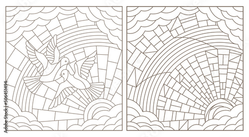 A set of contour illustrations in the style of stained glass with celestial landscapes with pigeons, dark contours on a white background