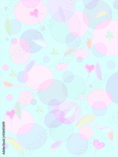 Background in gentle colors with different attributes such as balls, hearts, leaves, petals, sticks