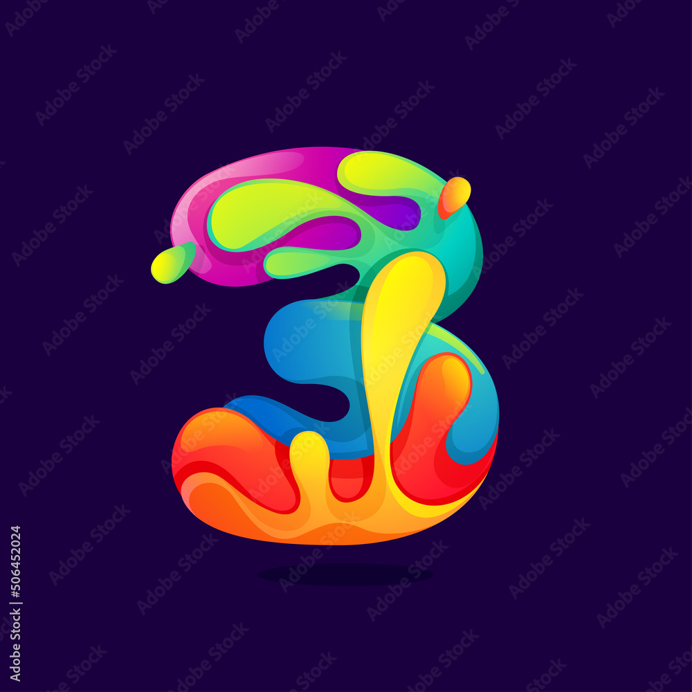 Number three logo with juice splash, waves, and drops. Multicolor icon with glow and gradients. Number three logo with juice splash, waves, and drops. Multicolor icon with glow and gradients.