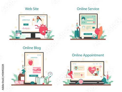 Cardiologist online service or platform set. Idea of heart medical diagnostic