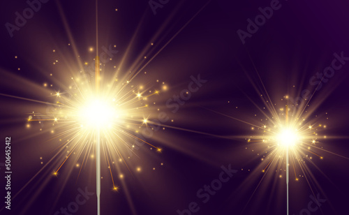 Magical light. Sparkler. Candle sparkling on the background. Realistic vector light effect. Winter, seasonal christmas decoration illustration.